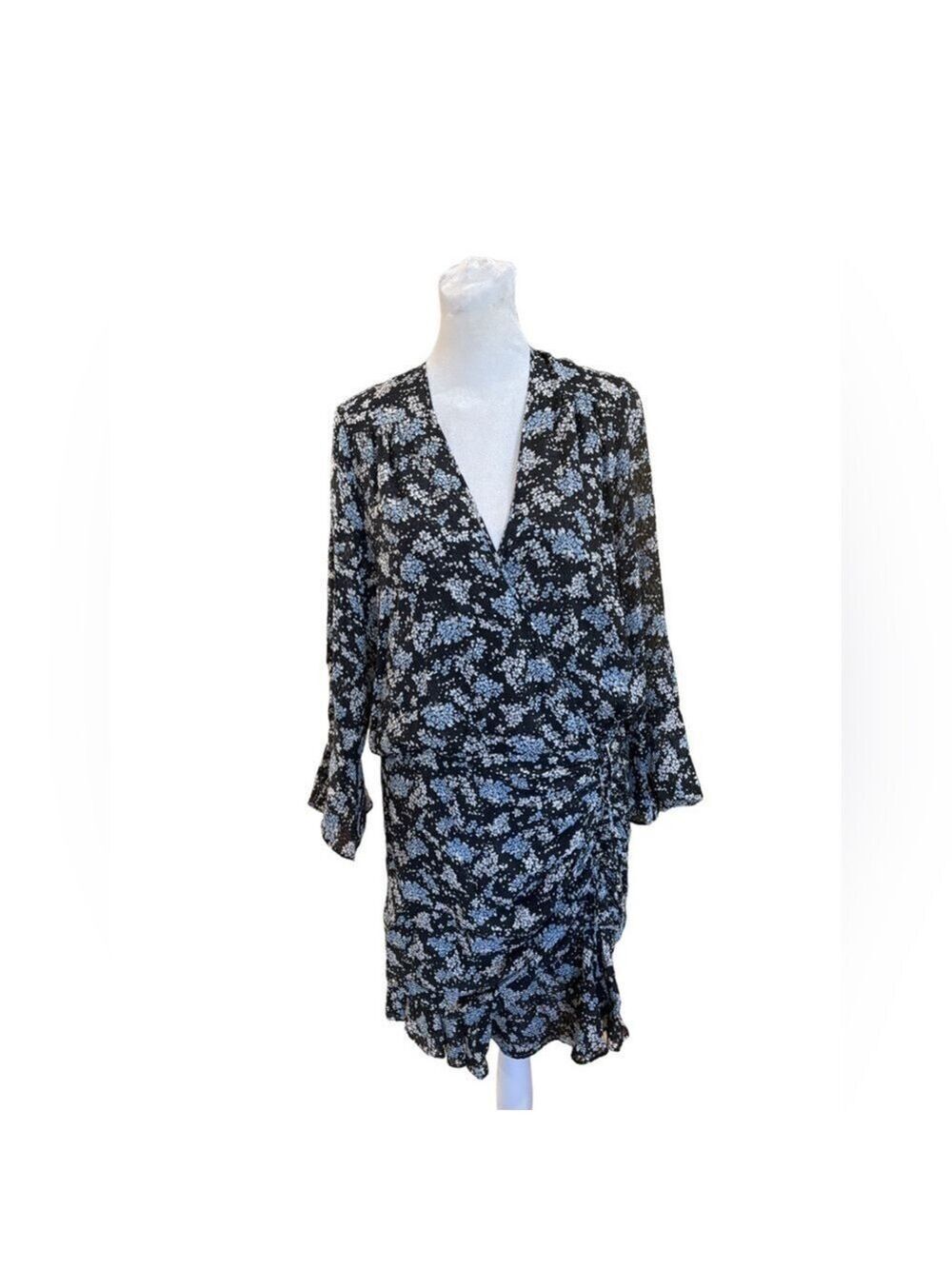 Veronica Beard Sean Dress 12. Wrap top ruched skirt silk bell sleeve black blue